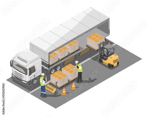 Isometric illustration of workers loading food cargo into a freight truck with forklift and safety cones, representing international import and export logistics