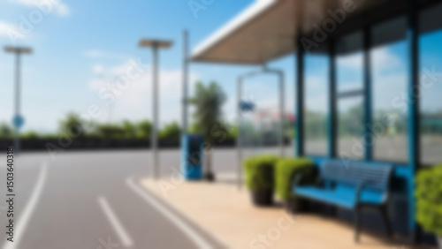 blurry bus stop  interior of a bus stop on the side of the road with plants around it  bright blue sky  blurry bus stop background  blurry wallpaper.