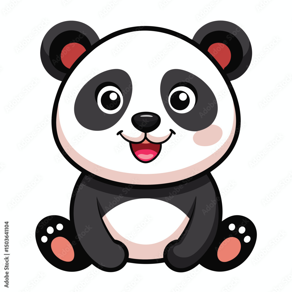 Fototapeta premium A cheerful baby panda with a wide smile sits with white background