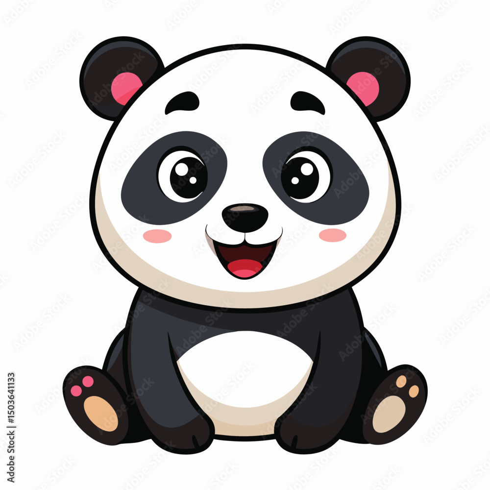 Naklejka premium A cheerful baby panda with a wide smile sits with white background