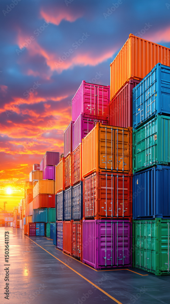Fototapeta premium Stacked Shipping Containers at Sunset: Global Trade