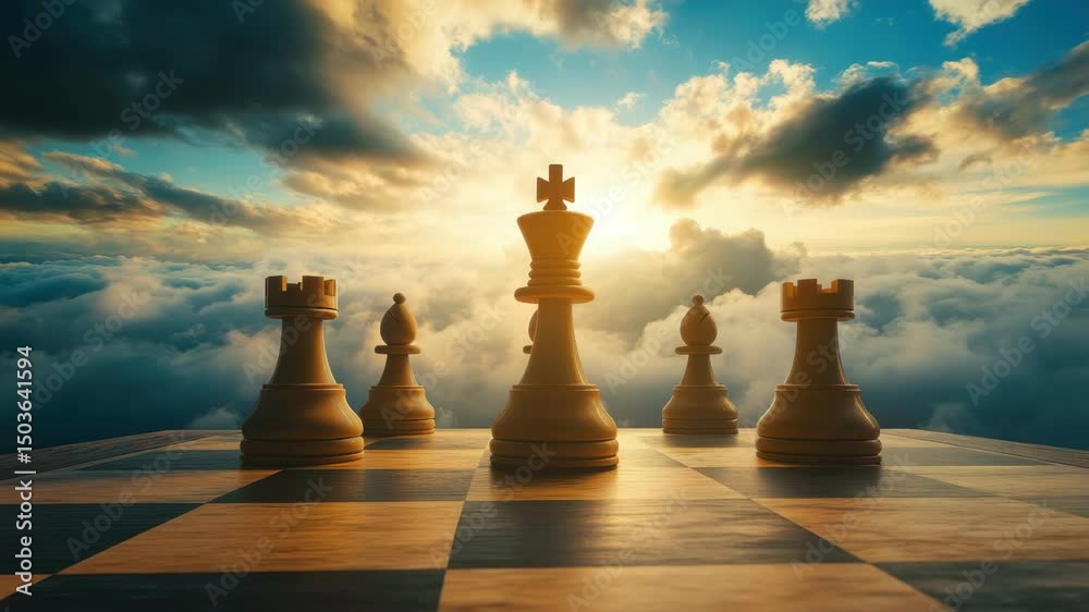 Chess piece king rook bishop pawn chessboard strategy game sunset sky clouds wooden classic competition victory leadership intelligence thinking challenge board game outdoor horizon silhouette