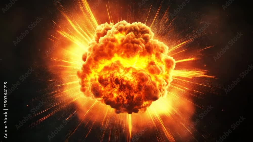 Explosive fireball with bright orange and yellow flames bursting outward, creating intense and dramatic explosion burst with flame in dark background