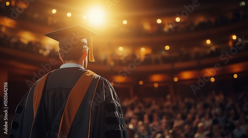 Rearview of a proud graduate walking across the stage