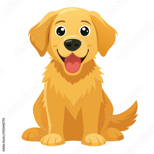 A happy golden retriever puppy sits attentively with its tongue out  with white background