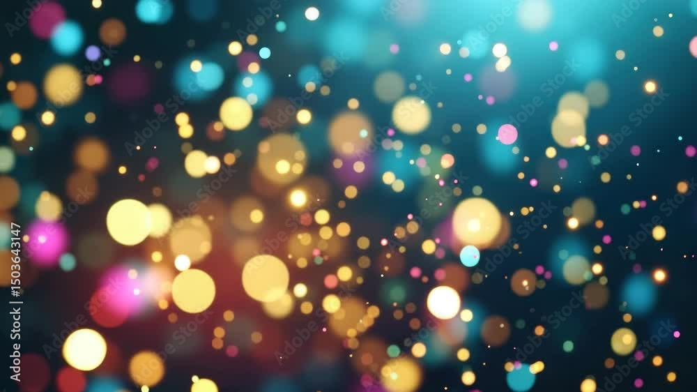 Colorful bokeh lights with glowing round shapes yellow, blue, pink, and orange dark background create festive and dreamy atmosphere with soft focus and sparkling effects blending warm and cool tones