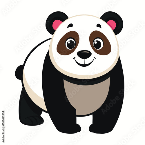 A large panda with a gentle smile walks directly towards the viewer with white background