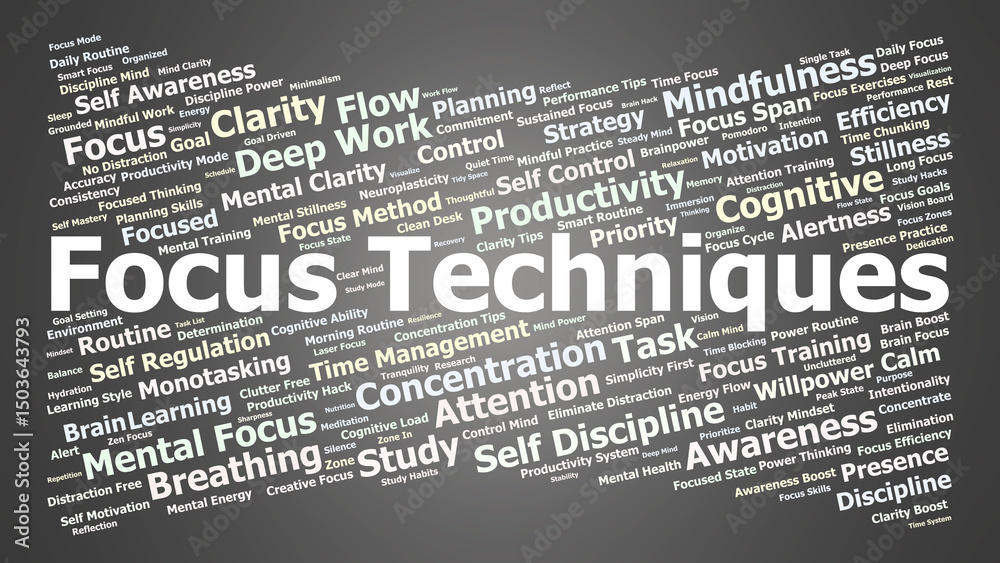 Fototapeta premium Focus Techniques Word Cloud. Keywords about attention, discipline, and deep concentration.