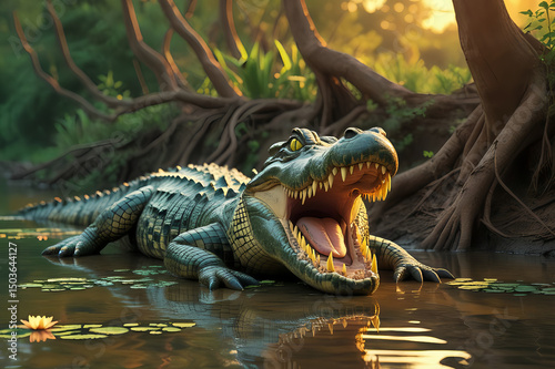 Predatory Alligator in the Wild: A powerful alligator, revealing its impressive jaws, dominates a tranquil swamp, where sunlight filters through the lush foliage. photo