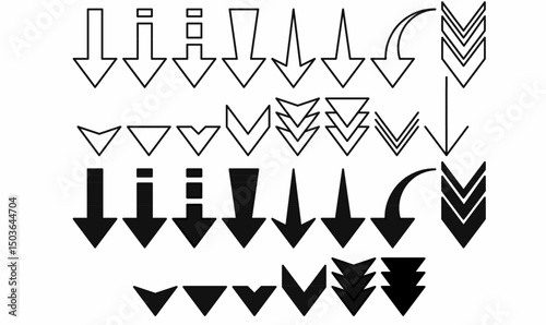 set of down arrow icons.bold, thin, chevron, curve,solid styles, perfect for UI, direction, infographics.vector illustration white background.