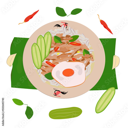 Vector stir-fried minced pork 
with basil and fried egg (Pad Krapow) on white background. It is a very delicious Thai food. Street food in Thailand