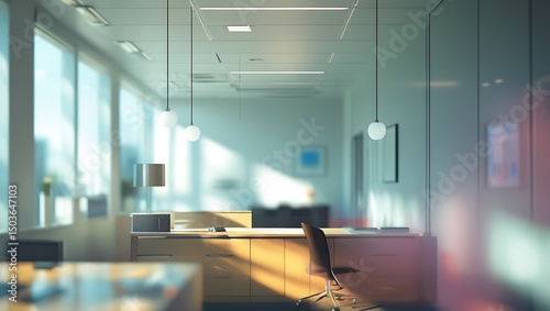Minimalistic Blurred Office Interior Background with Soft Lighting photo