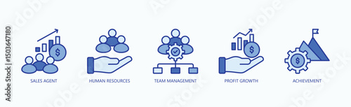 Business Excellence Icon Set Isolated Vector With Icon Of Sales Agent, Human Resources, Team Management, Profit Growth, Achievement In Blue Style