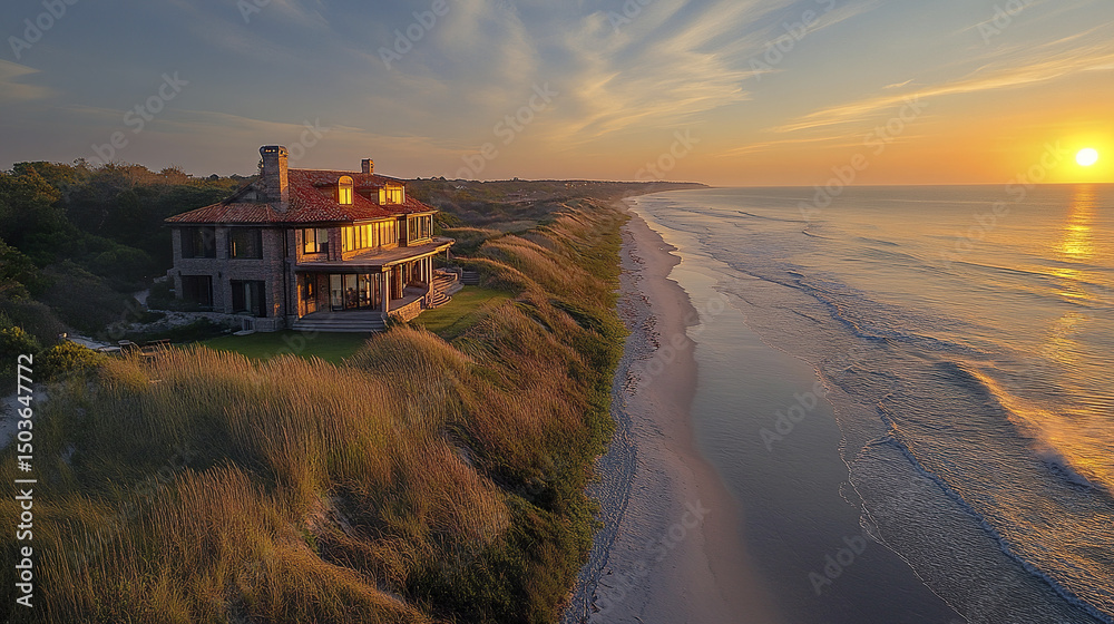 Fototapeta premium stunning oceanfront property at sunset, surrounded by lush grass and sandy beach