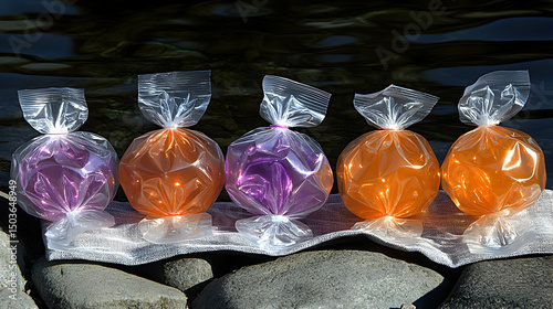 Colorful Confectionery: A Quintet of Shiny Treats Resting by Calm Waters