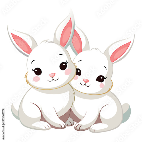 Two adorable white baby rabbits cuddle closely  with white background
