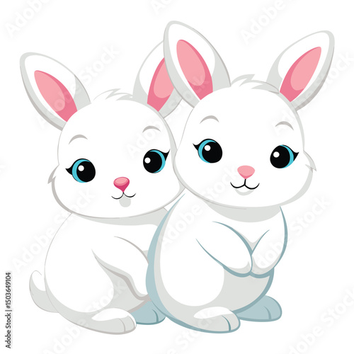 Two adorable white baby rabbits cuddle closely  with white background
