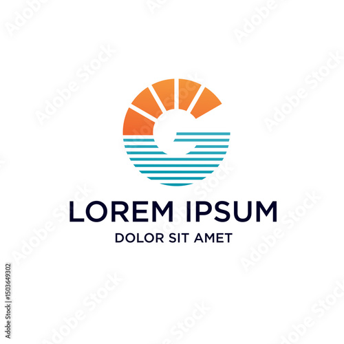 Modern Geometric Letter G Sunrise Seascape Initial Logo Design Template