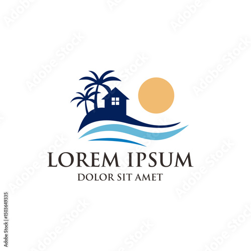 Minimalist Flat Island with Palm Trees and House Illustration Logo