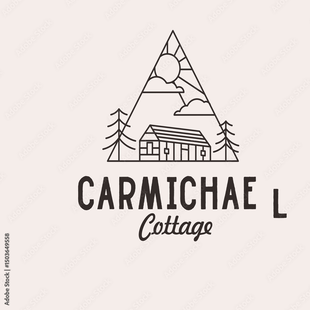 Fototapeta premium Minimalist Line Art Triangle Cabin Logo with Pine Tree Landscape