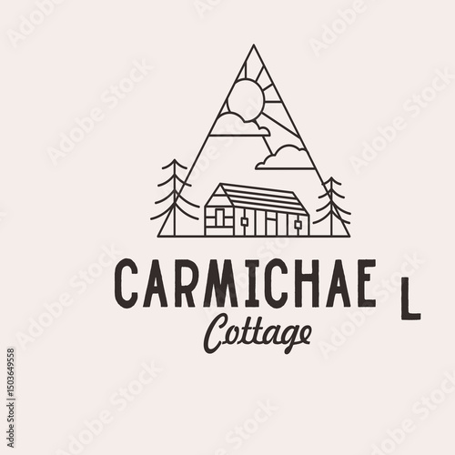 Cuadro en lienzo Minimalist Line Art Triangle Cabin Logo with Pine Tree Landscape