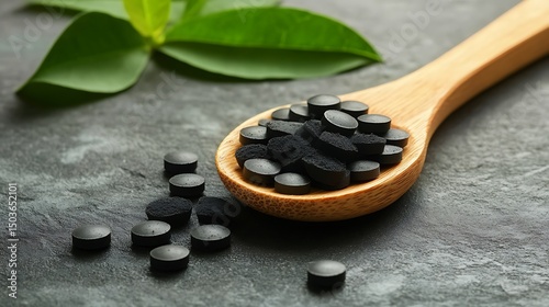 Activated Charcoal Tablets in Wooden Spoon with Green Leaves on Gray Surface
