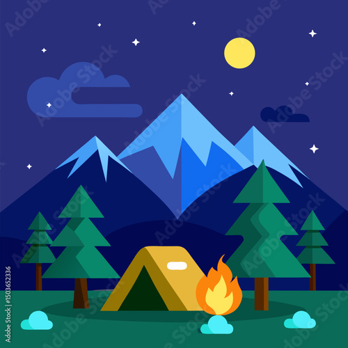 Night camp in a forest with tents, campfire and log near vector landscape background.
