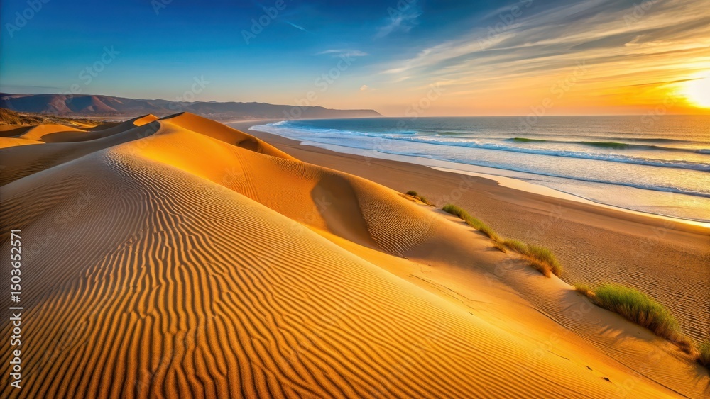 Naklejka premium Warm yellow sand dunes stretching along Agadir beach at sunrise, agadir, atlantic coast, agadir,atlantic coast