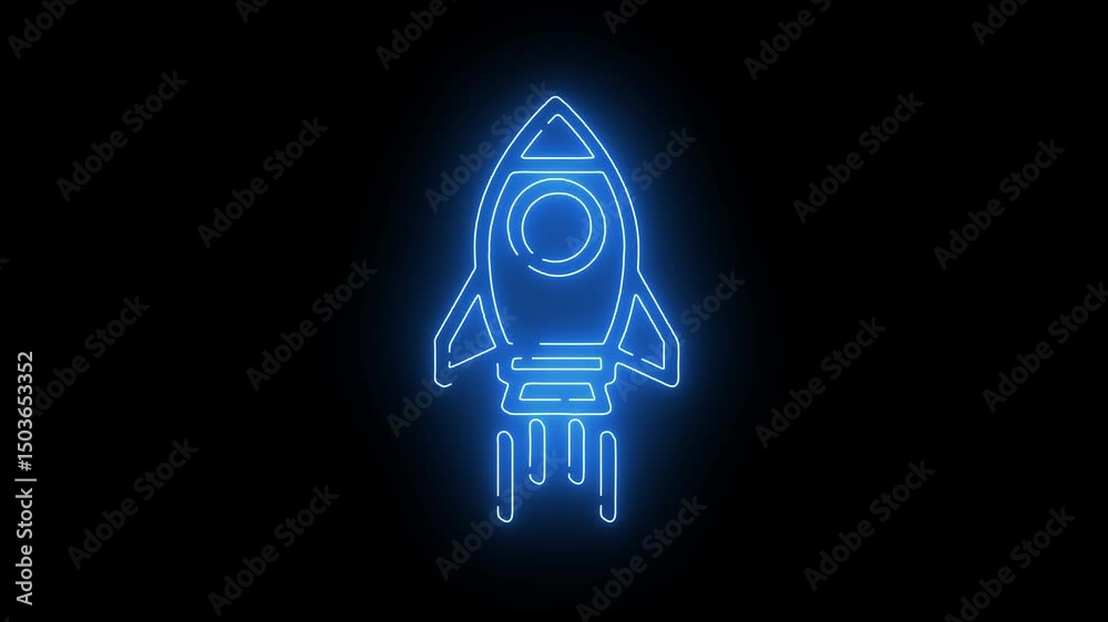Neon glowing icon of a rocket representing startup or space launch concept