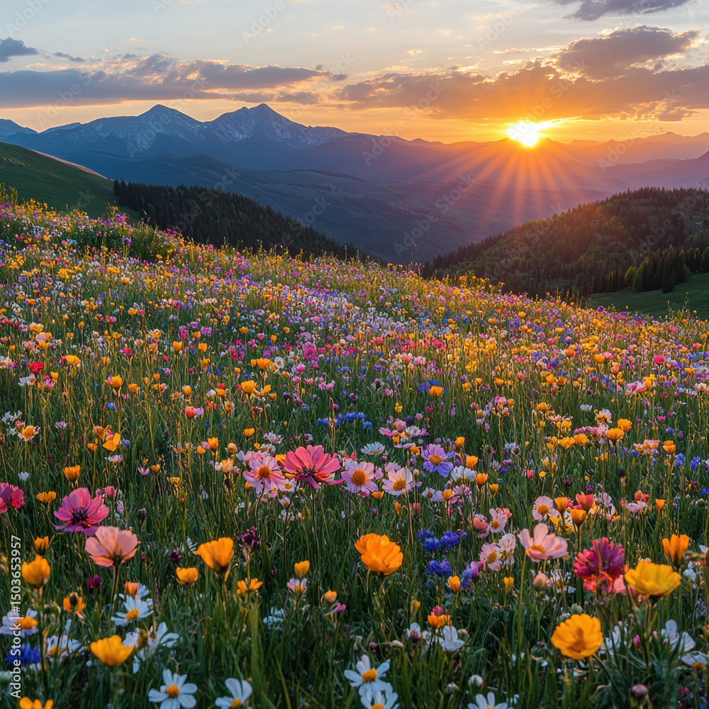Fototapeta premium Mountainside ablaze with vibrant wildflowers under a golden sunset.