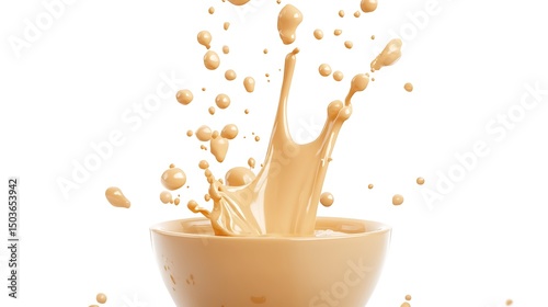 Beige Liquid Splashing Out Of Round Bowl With Droplets Isolated On White