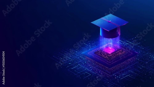 AI education or machine learning background. Abstract digital tech bg. AI chip and graduate hat in blue with light neon effects. Artificial Intelligence concept. Low poly wireframe vector illustration