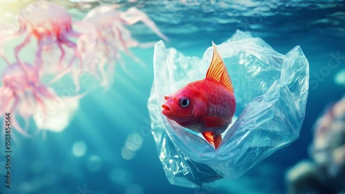 Tropical Fish Trapped in Plastic Bag Underwater. Environmental Awareness Ocean Scene
