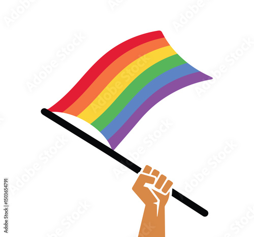 hand raised rainbow flag up, pride month lgbt banner, simple flat style, on transparent isolated