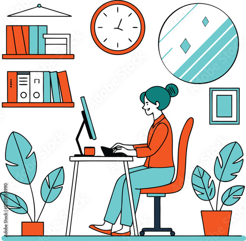 Woman working at her desk in a colorful home office illustration