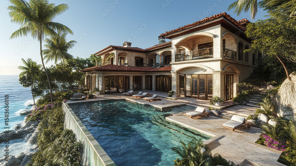 Fototapeta premium Luxurious oceanfront villa with stunning pool and tropical surroundings, perfect for relaxation
