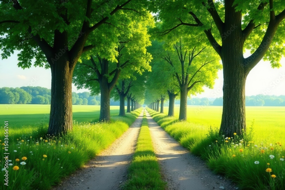 Naklejka premium Serene Country Lane Lined with Lush Green Trees on a Sunny Day