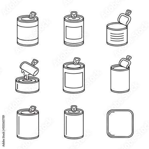 Food Can and Tin Packaging Icons Set. Different Stages of Opening a Canned Food
