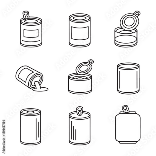 Food Can and Tin Packaging Icons Set. Different Stages of Opening a Canned Food
