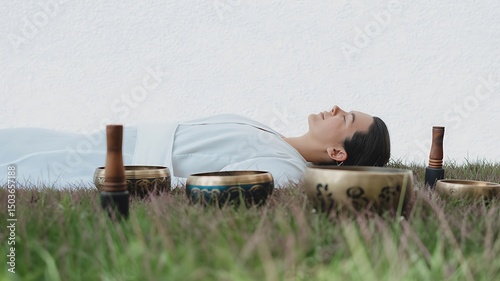 sound healing, Woman resting, sound bowls, grass, therapy