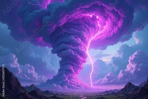 Fantasy realm tornado with magical energy swirling in its core, purple lightning and glowing storm clouds, surreal elemental storm design