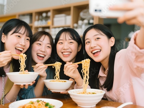 Cheerful girls of Asian ethnic friends, enjoying eating noodles together. They smile brightly while capturing a fun and playful moment