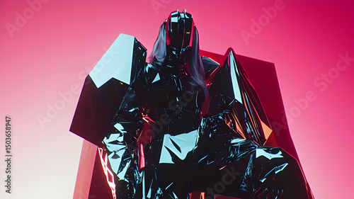 Futuristic Black Armored Robot with Red Highlights in Studio Lighting