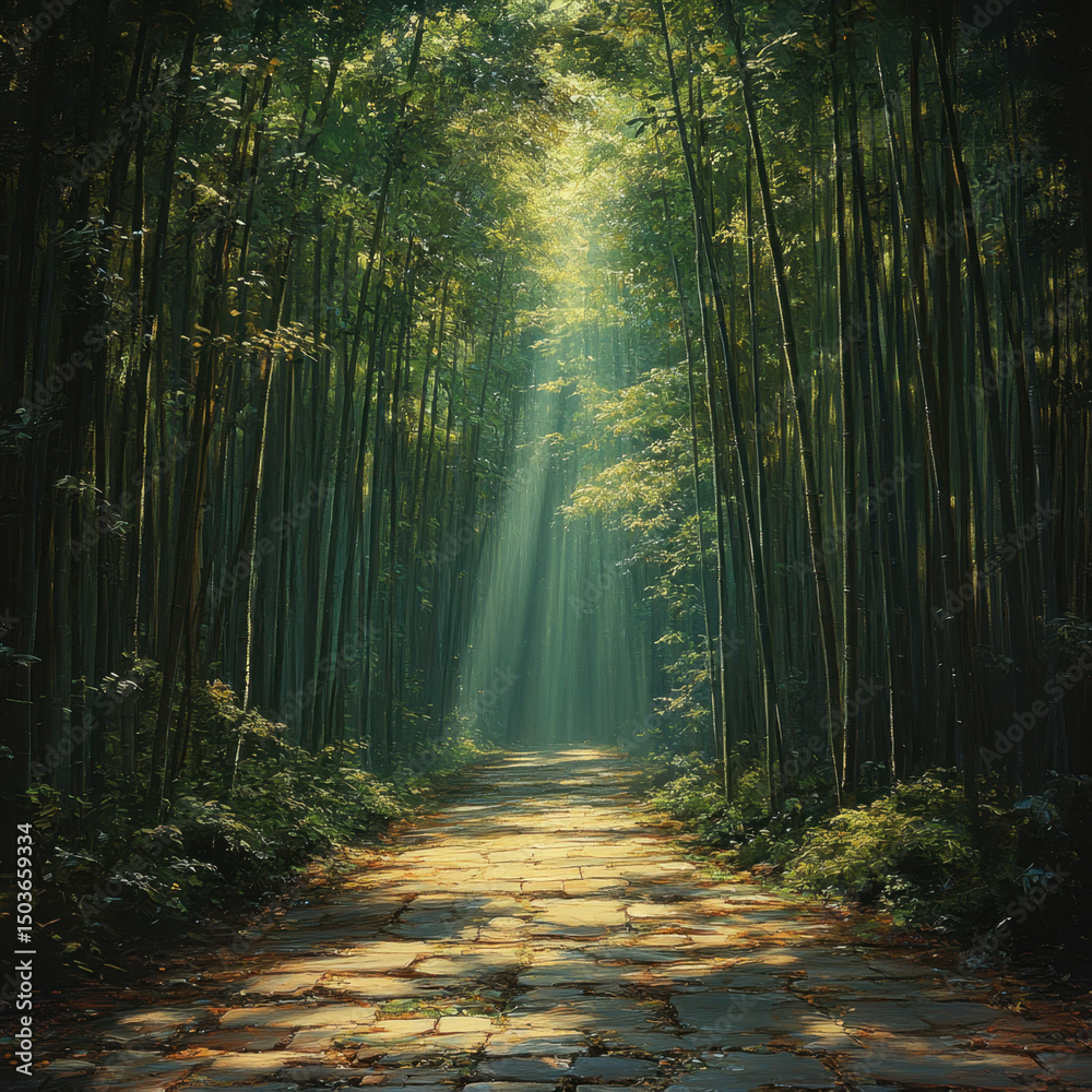 Fototapeta premium Sunlight streams through trees along a forest path.