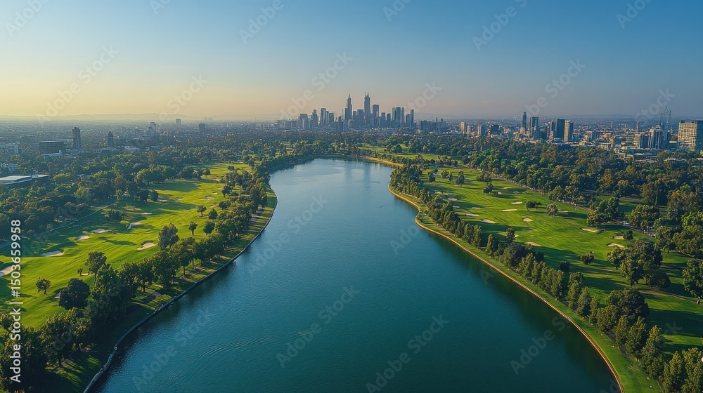 Fototapeta premium Aerial View of Melbourne Skyline and Albert Park Lake