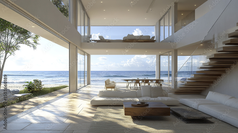 Fototapeta premium Modern oceanfront property with spacious interior and stunning views