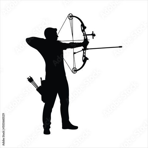Silhouette of a compound bow archer preparing to shoot an arrow against white background