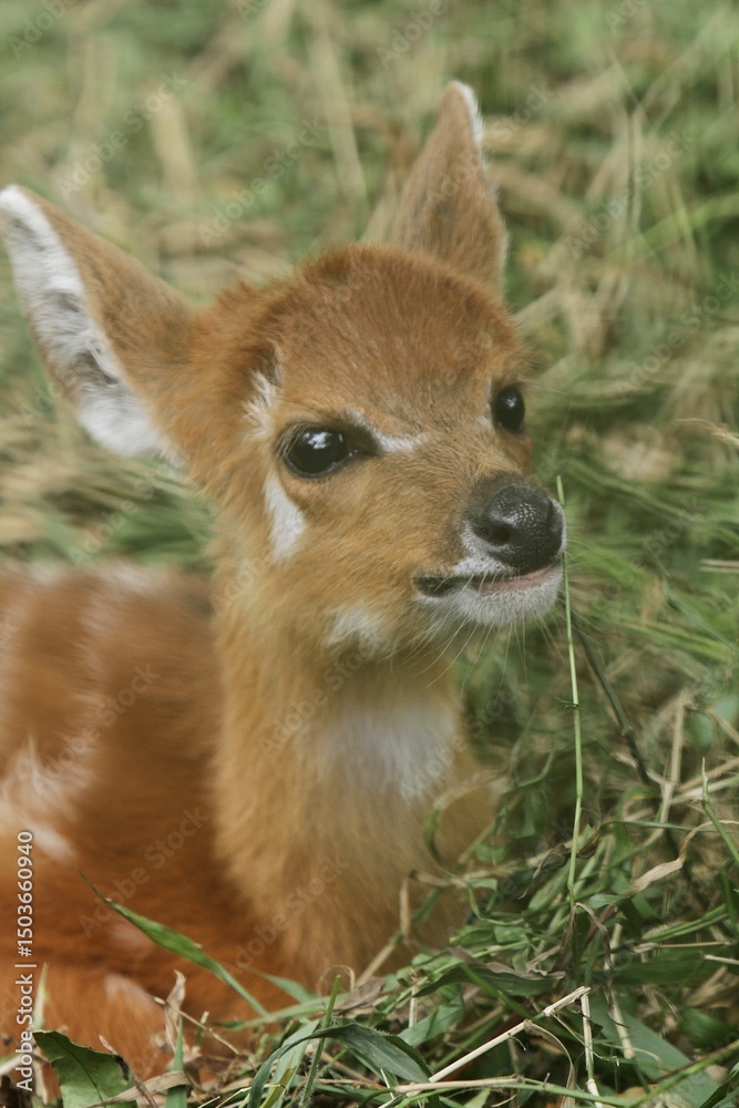 Fototapeta premium closeup of little sitatunga relaxing on the grass