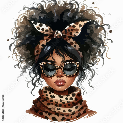 girl with messy hair bun with cheetah print glasses and cheetah print scarf 
