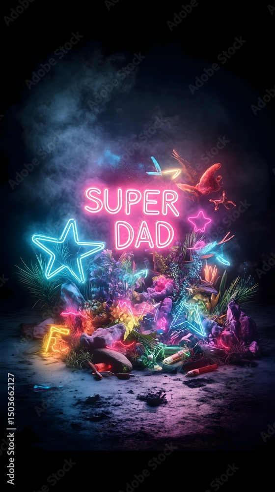 Fototapeta premium Celebrate Father's Day with a vibrant neon sign featuring Super Dad and colorful decorative elements